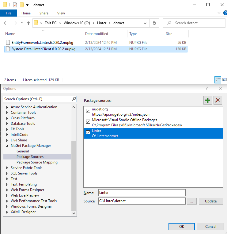 Диалог NuGet Package Sources