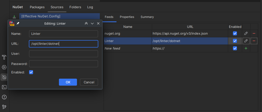 Диалог Rider NuGet Sources
