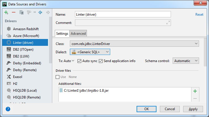 Пример ввода параметров JDBC-драйвера
