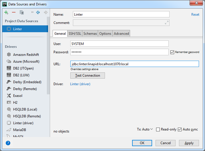 Регистрационные данные для доступа к БД с помощью подключения к ЛИНТЕР-серверу