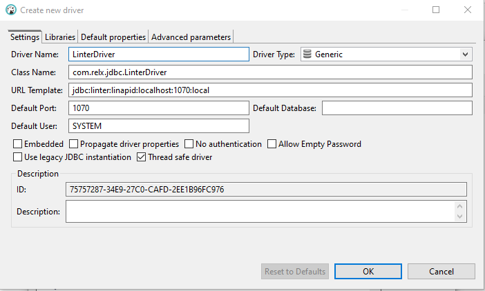 Параметры драйвера, вкладка Settings