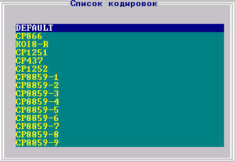 Окно «Список кодировок»