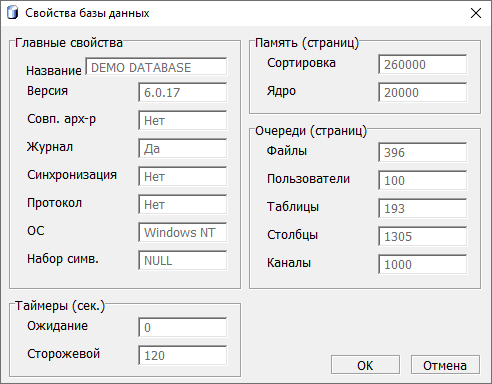 Свойства базы данных