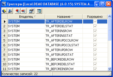 Просмотр триггеров в списке
