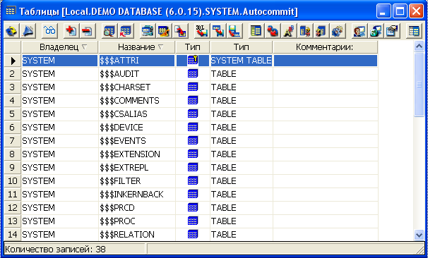 Просмотр списка таблиц