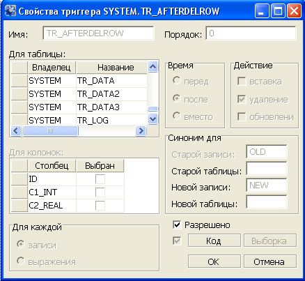 Свойства триггера