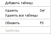 Операции над сервером, доступные в меню