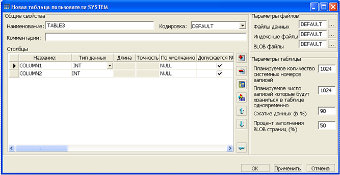 Создание таблицы
