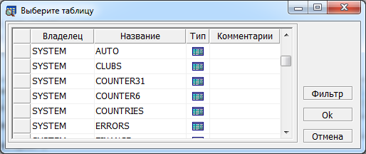 Диалог выбора таблицы