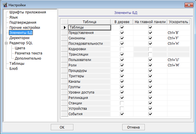 Настройка отображаемых объектов БД и «горячих» клавиш
